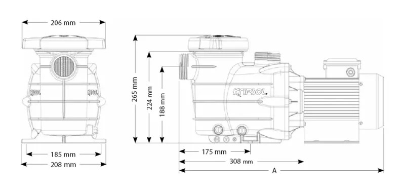 Kích thước máy bơm bể bơi Kripsol S2