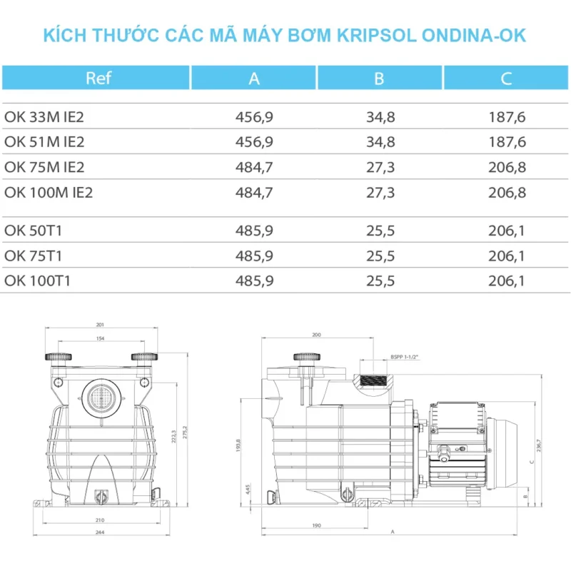 Kích thước mã máy bơm Kripsol Ondina-OK